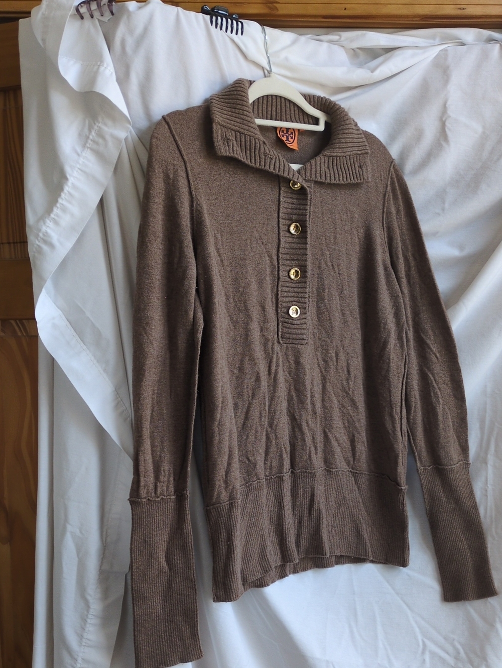 Tory Burch Brown Ribbed-Collar Button Pullover Sweater
